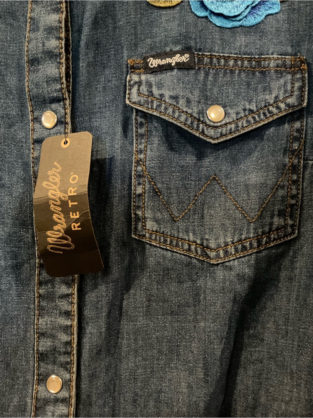 Cowboy Wrangler RETRO Denim Snap Button Shirt Embroidered Blue Roses Women's L - Picture 7 of 9